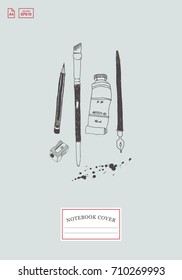 Notebook cover template design with hand drawn art tools and supplies. Doodle style. Vector illustration.