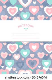 Notebook cover template. Hearts on purple background with place for text. Format A5