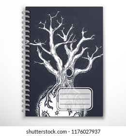 Notebook cover template with mysterious abstract space tree. Creative cover on a notebook