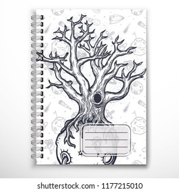 Notebook cover template with mysterious abstract space tree. Creative cover on a notebook