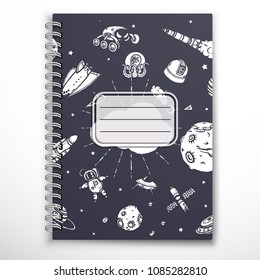 Notebook cover template with space hand-drawn doodles.