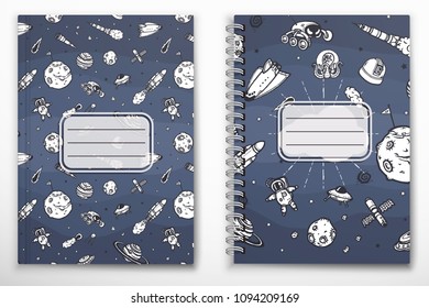 Notebook cover template with space hand-drawn doodles.