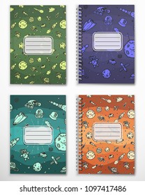 Notebook cover template with space hand-drawn doodles.