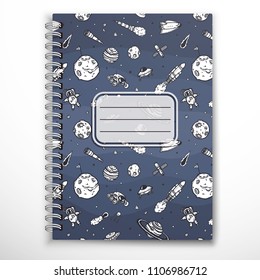 Notebook cover template with space hand-drawn doodles.