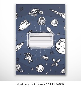 Notebook cover template with space hand-drawn doodles.