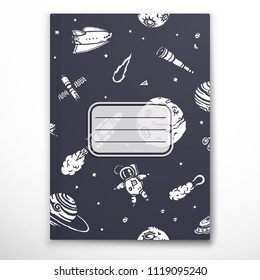 Notebook cover template with space hand-drawn doodles.