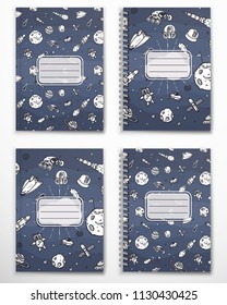 Notebook cover template with space hand-drawn doodles.