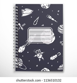 Notebook cover template with space hand-drawn doodles.
