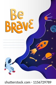Notebook cover template with space paper cut style doodles. Astronaut exploring space. Paper cut style. Planets, rockets, comets in the sky. Notebook concept concept. Vector editable notebook cover