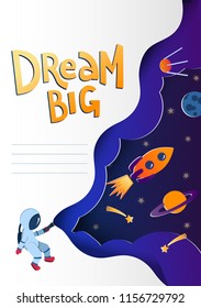 Notebook cover template with space paper cut style doodles. Astronaut exploring space. Paper cut style. Planets, rockets, comets in the sky. Notebook concept concept. Vector editable notebook cover