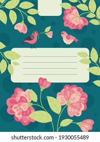 Plantilla de portapapeles con flores de primavera y aves. Ánimo de primavera. Portada de plantilla para cuadernos, libros de ejercicios, planificadores, folletos, libros, catálogos. Ilustración vectorial.