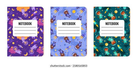 Notebook Cover templates with astronaut animals patterns with stars, planets and rocketships. Printable background for school stationery, kids diaries and albums. Vector cartoon illustration