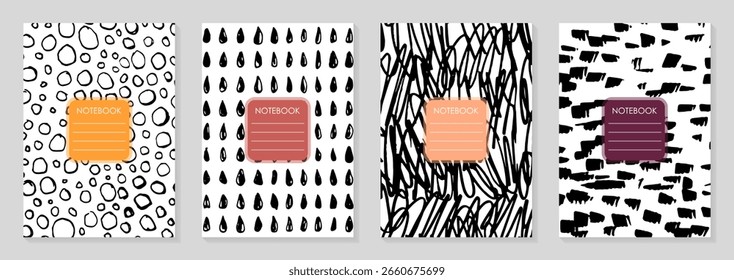 Plantillas de la cubierta del cuaderno. Fondos de doodle de tinta en blanco y negro. Conjunto de cubiertas de planificador. Ilustración vectorial para papelería, scrapbooking, Anuncio.