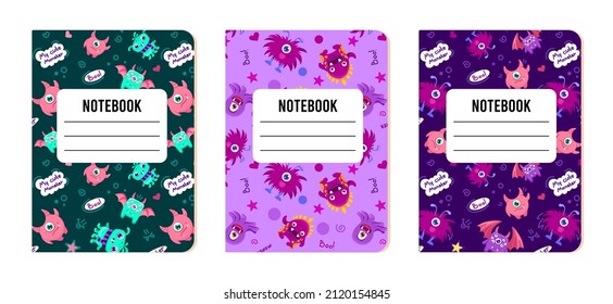 Notebook Cover templates with funny monsters patterns. Printable background for school stationery, kids diaries and albums. Vector cartoon illustration