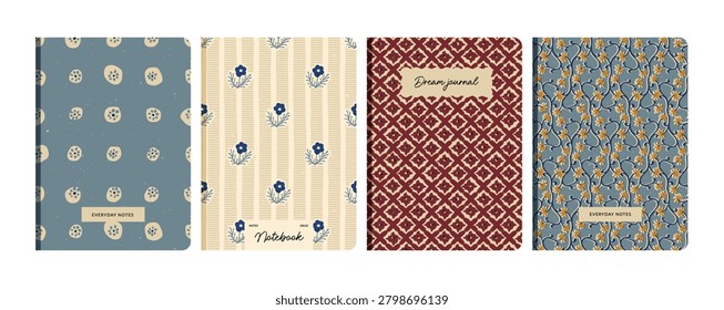 Notebook cover templates set with block print floral and geometric patterns in vintage boho style