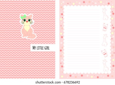 Notebook cover with title - my little girl - for notes about baby girl newborn, and inside page design with lines. Little kitten with bow image on cover. Lovely tender girlish design.