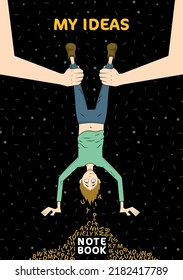 notebook cover vector block note idea design letters man hanging from his legs drawing character eps ai file