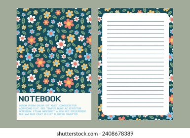 portada de bloc de notas y conjunto de páginas de escritura con impresión floral