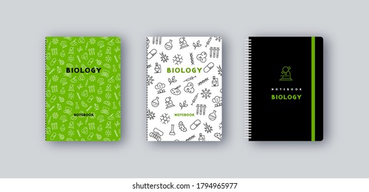 Notebook covers design for biology school subject. Pattern in thin line style