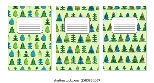 Notebook covers featuring colorful tree designs with various shapes and patterns