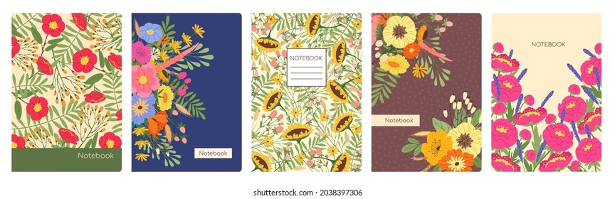 Notebook covers with spring flowers, artistic floral cover page. Trendy planner or notebooks background with nature elements vector template set. Creative botanic notebook wrapper