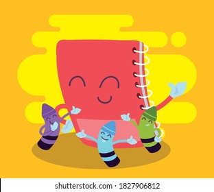 notebook and crayons cartoons design, Back to school eduacation class lesson theme Vector illustration