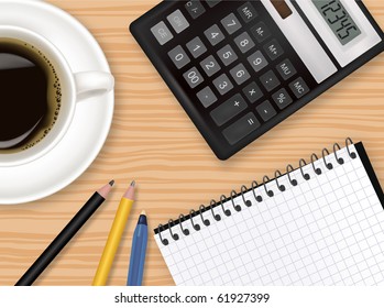 Portátil, taza de café y suministros de oficina. Vector.