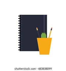 notebook and cup with pencils icon