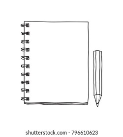 notebook and cute pencil  hand drawn vector line art illustration