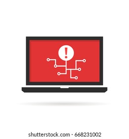 Notebook With Cyber Attack And Virus Spread. Simple Flat Style Trend Modern Logotype Graphic Design Isolated On White Background. Concept Of Spyware Encrypted For Ransom And Public System Hacking