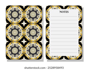 Notebook with decorative cover. Repeating seamless geometric pattern stationery. Black, gold, silver notebook. Modern and elegant style. Lined page for note-taking. Functional and visually appealing. 