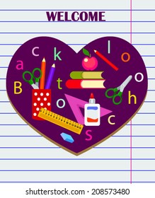 notebook with decorative heart and school objects.