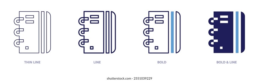 Notebook design icon in 4 different styles. Thin Line, Line, Bold, and Bold Line. Duotone style. Editable stroke.