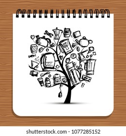 Notebook design, kitchen utensils tree