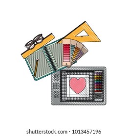 notebook and design tools and tablet digitizer in colored crayon silhouette