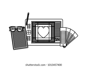 notebook and design tools and tablet digitizer in black contour