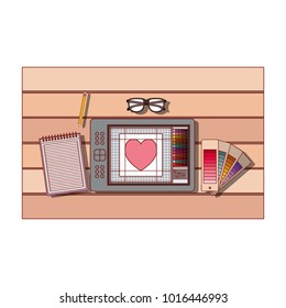notebook and design tools and tablet digitizer over table on top view in colorful silhouette with thin red contour