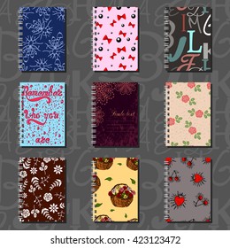 Notebook design, wallpaper pattern, abstract pattern, notepad template, abstract creative background, lettering, flowers, strawberry, baskets, bows