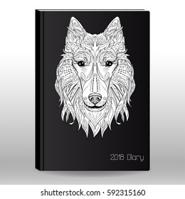 Notebook or diary 2018 year cover design. Black and white illustration with dog.
