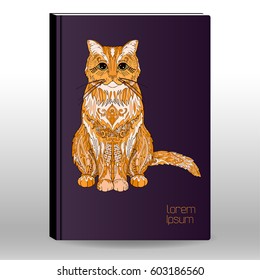 Notebook or diary cover design. Doodle cat sitting.