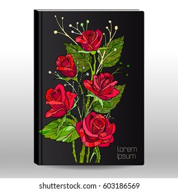 Notebook or diary cover design with flowers of roses. Floral vector illustration.