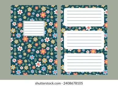 portada de cuaderno o diario y página para escribir notas con impresión floral