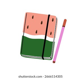 Notebook, Tagebuch mit Stift. Notizblock, Skizzenbuch mit niedlichem Cover-Design. Notizbuch und Bleistift. Moderne Schreibwaren, Organizer, persönlicher Planer. Flache Vektorgrafik einzeln auf weißem Hintergrund