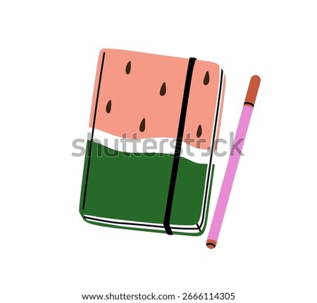 Notebook, diary with pen. Notepad, sketchbook with cute cover design. Note book and pencil. Modern style stationery, organizer, personal planner. Flat vector illustration isolated on white background