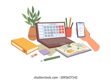 Notebook or diary planner for organization of working space and tasks. Computer and smartphone with application for making marks and appointments. Business tools or student schedule. Vector in flat