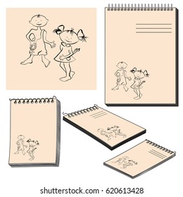 The notebook in different positions with picture on front cover: sketch of two happy children, boy and girl with brush and pencil, Notepad, notebook, drawing in vector.