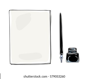 notebook dip tip pen vintage and ink bottle  vector hand drawn  art illustration