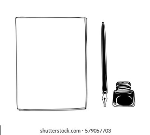 notebook dip tip pen vintage and ink bottle  vector hand drawn line art illustration