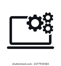 Notebook display with gear setup. Application pictogram, vector icon.