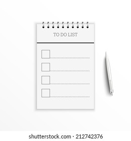 Notebook with to do list. Lines with check boxes and pen. checklist for note